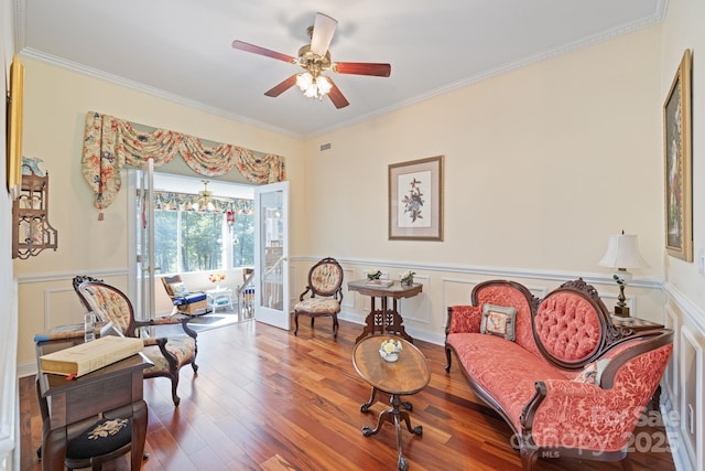 408 Emerald Bay Dr, Salisbury, NC 28146 - living room with a ceiling fan, crown molding, wainscoting, and wood finished floors