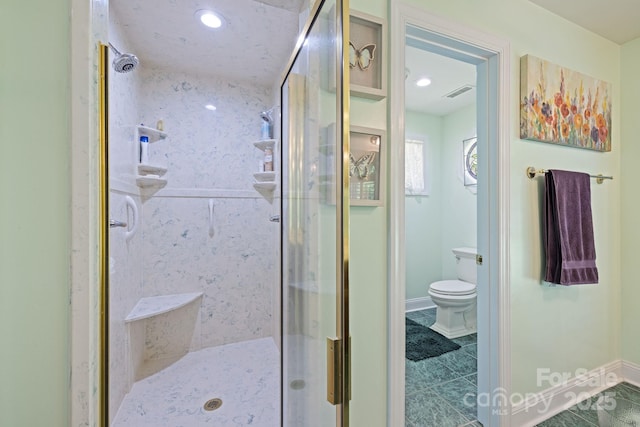 408 Emerald Bay Dr, Salisbury, NC 28146 - bathroom with a shower stall, toilet, baseboards, recessed lighting, and tile patterned flooring