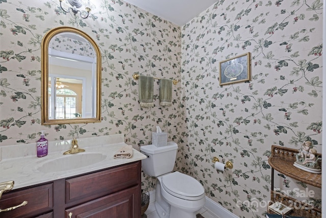 408 Emerald Bay Dr, Salisbury, NC 28146 - half bathroom featuring wallpapered walls, toilet, and vanity