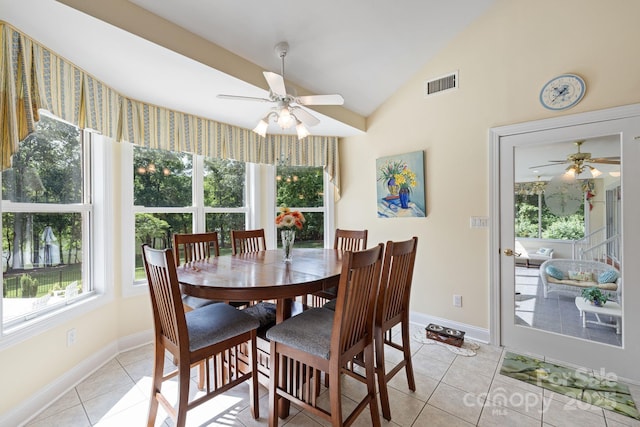 408 Emerald Bay Dr, Salisbury, NC 28146 - dining space featuring a ceiling fan, light tile patterned floors, baseboards, and high vaulted ceiling