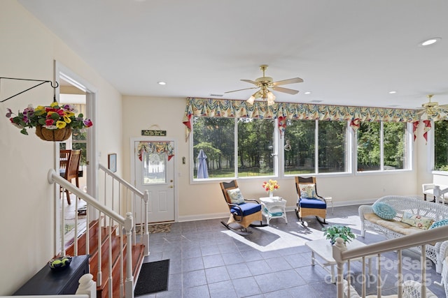 408 Emerald Bay Dr, Salisbury, NC 28146 - tiled living room featuring a ceiling fan, recessed lighting, baseboards, and stairs