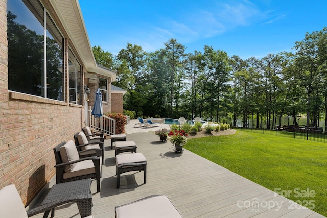 408 Emerald Bay Dr, Salisbury, NC 28146 - wooden deck featuring an outdoor pool, an outdoor living space, and view of scattered trees