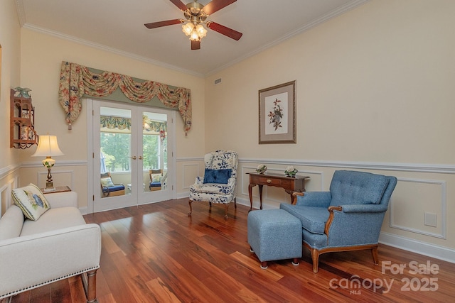 408 Emerald Bay Dr, Salisbury, NC 28146 - sitting room with crown molding, wood finished floors, a ceiling fan, french doors, and a decorative wall