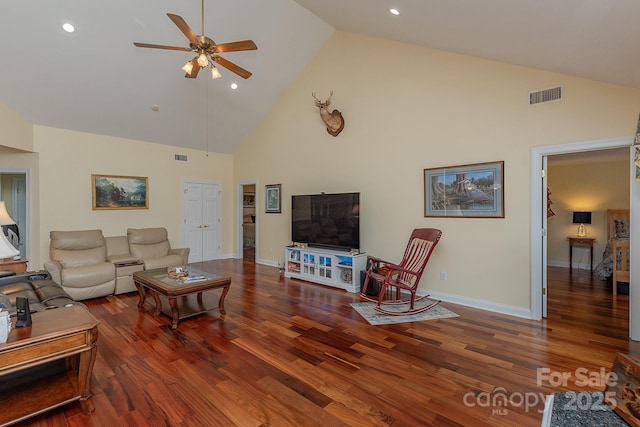 408 Emerald Bay Dr, Salisbury, NC 28146 - living area with high vaulted ceiling, ceiling fan, wood finished floors, and recessed lighting