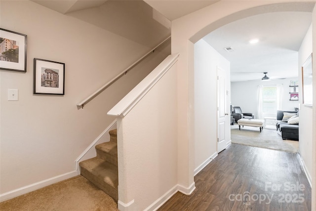 2009 Talbert Ct, Charlotte, NC 28214 - stairway featuring arched walkways, baseboards, a ceiling fan, and wood finished floors