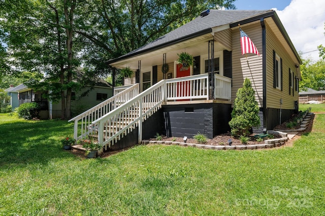 118 Sunset Dr, Clover, SC 29710 - view of front of house featuring stairway, a porch, a front lawn, and a shingled roof