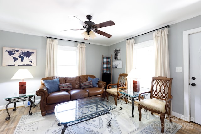 118 Sunset Dr, Clover, SC 29710 - living room with a ceiling fan, plenty of natural light, wood finished floors, and crown molding