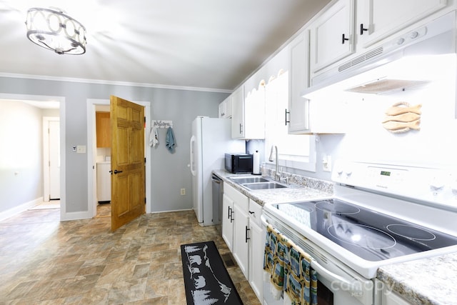 118 Sunset Dr, Clover, SC 29710 - kitchen with white electric range, under cabinet range hood, a sink, stone finish flooring, and black microwave