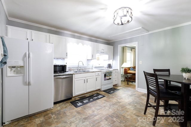 118 Sunset Dr, Clover, SC 29710 - kitchen with appliances with stainless steel finishes, a sink, white cabinetry, crown molding, and stone finish floors
