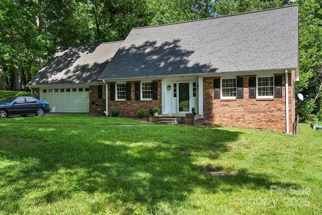 2701 Castes Dr, Pfafftown, NC 27040 - cape cod-style house with an attached garage, brick siding, a shingled roof, and a front lawn