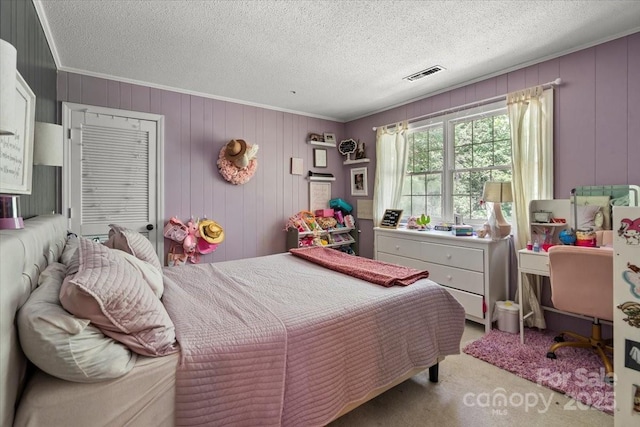2701 Castes Dr, Pfafftown, NC 27040 - carpeted bedroom featuring ornamental molding and a textured ceiling