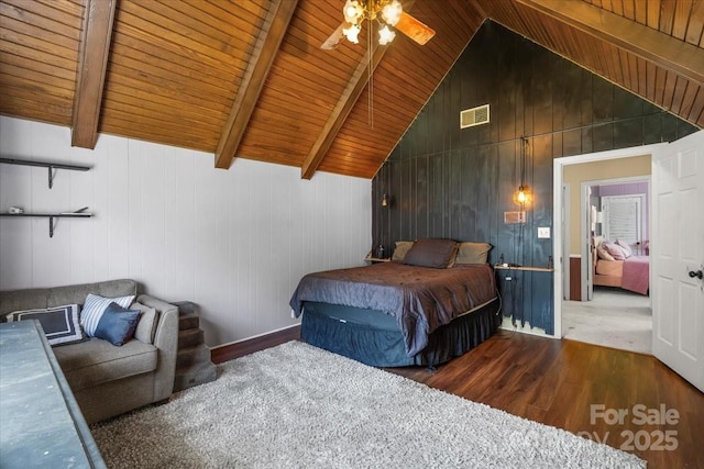 2701 Castes Dr, Pfafftown, NC 27040 - bedroom featuring wood ceiling, wood finished floors, beam ceiling, high vaulted ceiling, and ceiling fan