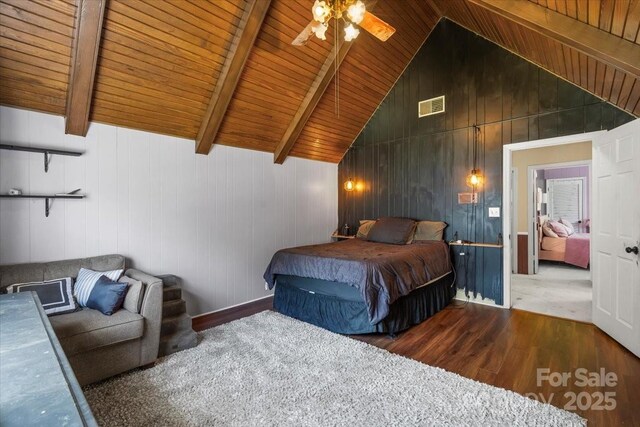 2701 Castes Dr, Pfafftown, NC 27040 - bedroom with wood finished floors, wood ceiling, high vaulted ceiling, beam ceiling, and ceiling fan