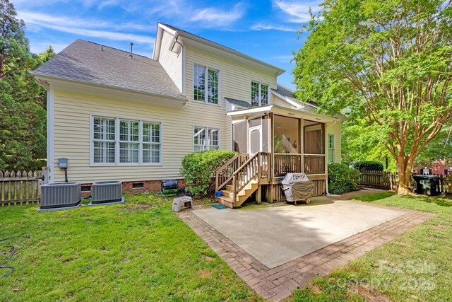 14505 Sunset Walk Ln, Huntersville, NC 28078 - rear view of property featuring a sunroom, a patio, crawl space, roof with shingles, and central AC unit