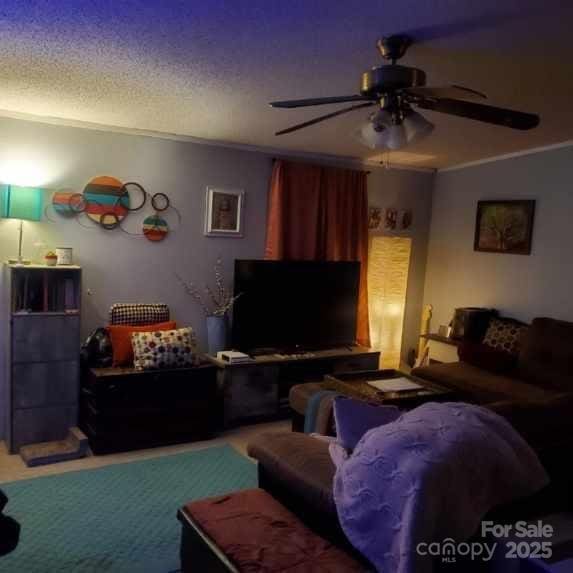 616/620 Pole Miller Ext, Brevard, NC 28712 - living room with a ceiling fan, crown molding, and a textured ceiling