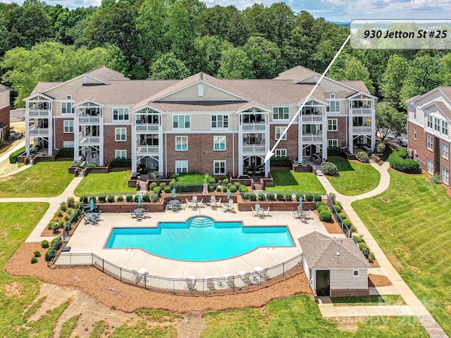 view from above of property with a pool
