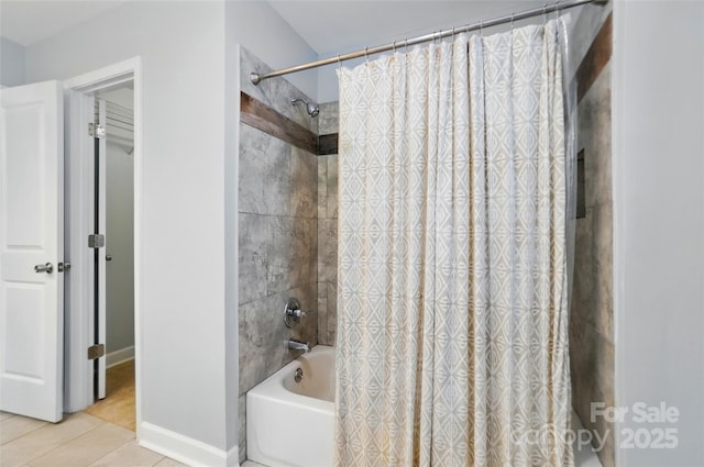 8014 Sherington Way, Charlotte, NC 28227 - bathroom with shower / tub combo with curtain, tile patterned flooring, and baseboards