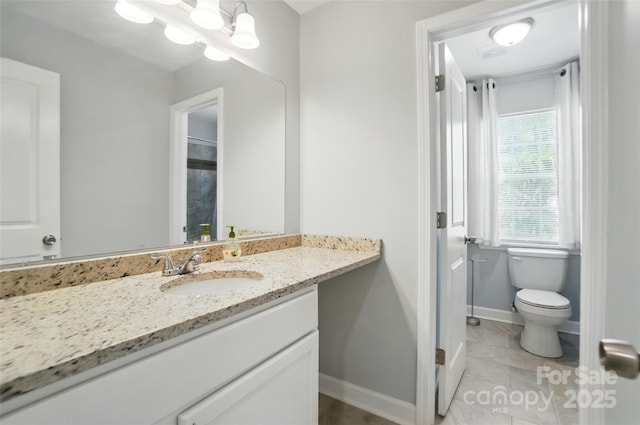 8014 Sherington Way, Charlotte, NC 28227 - full bathroom with vanity, toilet, baseboards, and tile patterned floors