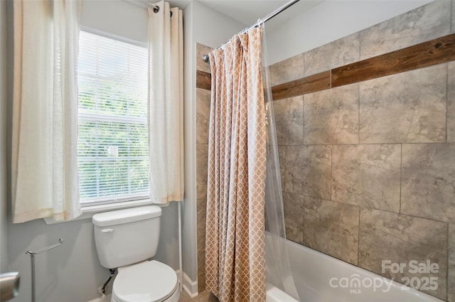 8014 Sherington Way, Charlotte, NC 28227 - full bathroom with toilet, shower / bath combo with shower curtain, baseboards, and healthy amount of natural light