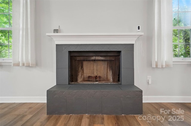 8014 Sherington Way, Charlotte, NC 28227 - detailed view of a fireplace, baseboards, and wood finished floors