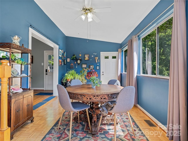143 Mountain Crest Rd, Swannanoa, NC 28778 - dining area with a ceiling fan, plenty of natural light, vaulted ceiling, and baseboards