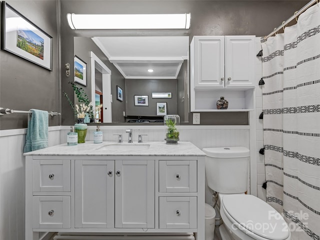 143 Mountain Crest Rd, Swannanoa, NC 28778 - bathroom featuring toilet, vanity, ornamental molding, wainscoting, and a shower with shower curtain