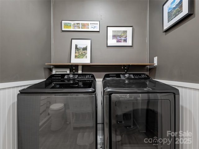 143 Mountain Crest Rd, Swannanoa, NC 28778 - clothes washing area with separate washer and dryer and wainscoting