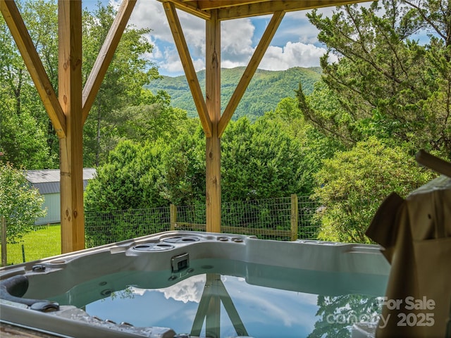 143 Mountain Crest Rd, Swannanoa, NC 28778 - exterior space featuring a hot tub, a mountain view, and a forest view