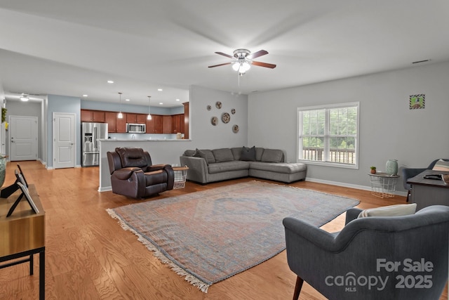 1230 Long Creek Ln, Salisbury, NC 28146 - living room featuring a ceiling fan, light wood-style flooring, baseboards, and recessed lighting