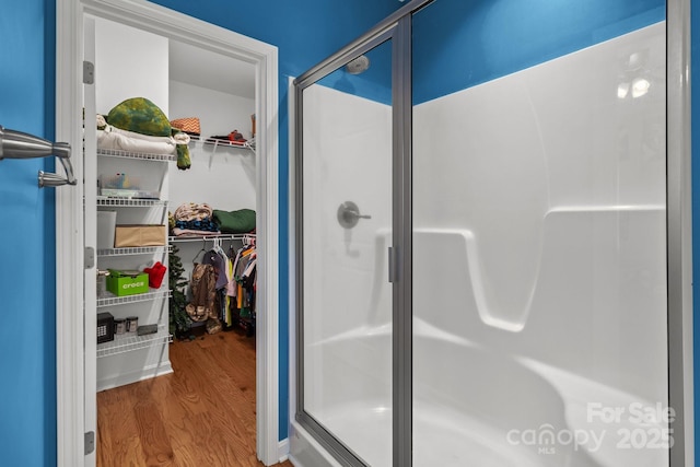 1230 Long Creek Ln, Salisbury, NC 28146 - bathroom with a stall shower, wood finished floors, and a spacious closet