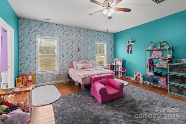 1230 Long Creek Ln, Salisbury, NC 28146 - bedroom with wood finished floors, wallpapered walls, a ceiling fan, and baseboards