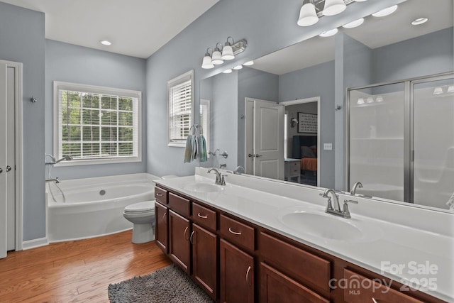 1230 Long Creek Ln, Salisbury, NC 28146 - full bath featuring wood finished floors, a garden tub, double vanity, and a stall shower