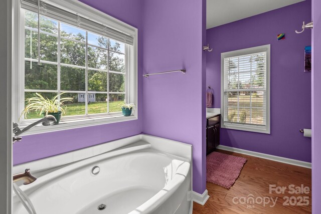 1230 Long Creek Ln, Salisbury, NC 28146 - bathroom featuring a bath, wood finished floors, baseboards, and vanity