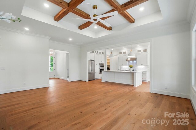 9311 Simpson Rd, Waxhaw, NC 28173 - unfurnished living room with coffered ceiling, recessed lighting, baseboards, beam ceiling, and light wood finished floors