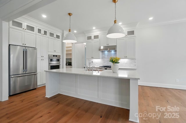 9311 Simpson Rd, Waxhaw, NC 28173 - kitchen featuring stainless steel appliances, a sink, ornamental molding, backsplash, and wood finished floors