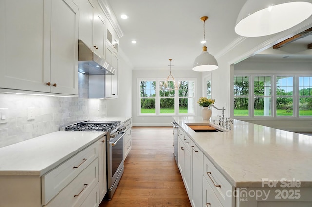 9311 Simpson Rd, Waxhaw, NC 28173 - kitchen featuring appliances with stainless steel finishes, under cabinet range hood, a sink, wood finished floors, and an island with sink