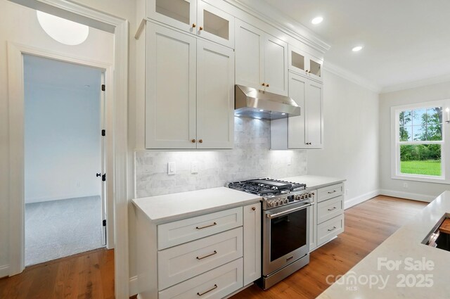 9311 Simpson Rd, Waxhaw, NC 28173 - kitchen featuring under cabinet range hood, high end stainless steel range, light wood-type flooring, light countertops, and ornamental molding
