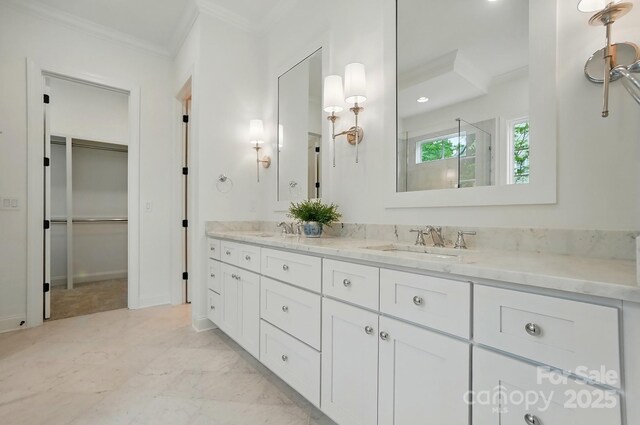 9311 Simpson Rd, Waxhaw, NC 28173 - full bath with ornamental molding, a stall shower, double vanity, recessed lighting, and marble finish flooring