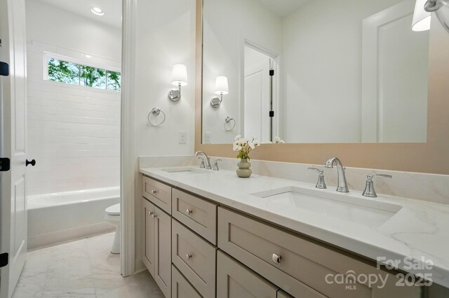 9311 Simpson Rd, Waxhaw, NC 28173 - full bathroom featuring marble finish flooring, double vanity, toilet, shower / washtub combination, and recessed lighting
