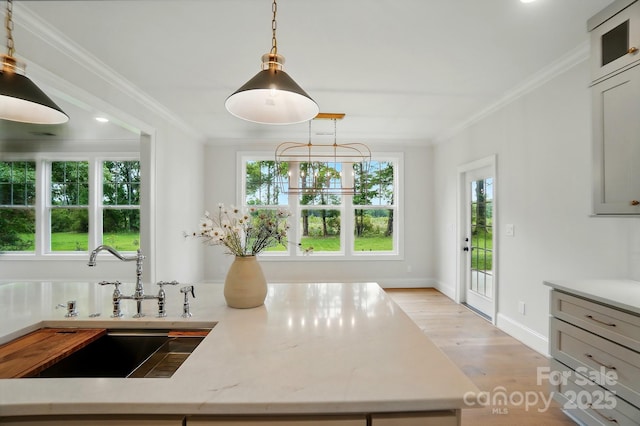 9315 Simpson Rd, Waxhaw, NC 28173 - kitchen featuring a sink, crown molding, decorative light fixtures, light wood-type flooring, and light stone countertops