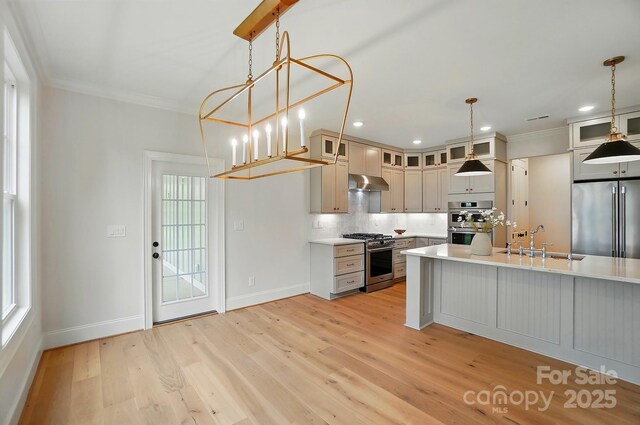 9315 Simpson Rd, Waxhaw, NC 28173 - kitchen featuring high end appliances, a sink, ornamental molding, decorative backsplash, and light countertops
