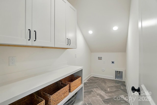 9315 Simpson Rd, Waxhaw, NC 28173 - laundry room with electric dryer hookup, cabinet space, hookup for a washing machine, baseboards, and gas dryer hookup