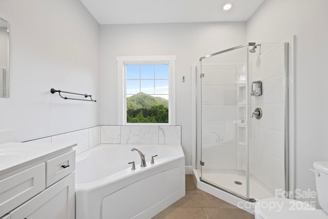 505 Sky Ridge Dr Unit 57, Leicester, NC 28748 - full bathroom featuring toilet, a stall shower, tile patterned floors, a bath, and recessed lighting