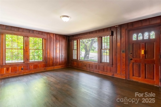 spare room featuring dark wood-style flooring, wooden walls, and baseboards