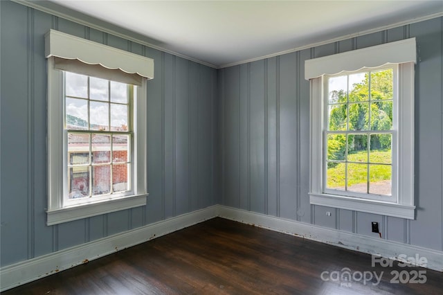 spare room featuring dark wood-type flooring, crown molding, baseboards, plenty of natural light, and a decorative wall