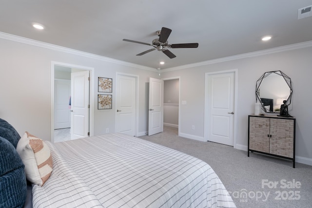 4045 Port Richmond Ave Unit 10, Gastonia, NC 28056 - bedroom featuring light colored carpet, ornamental molding, baseboards, recessed lighting, and a ceiling fan