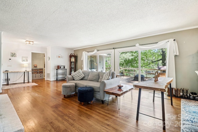 334 Lakeview Cir, Lugoff, SC 29078 - living room with a textured ceiling, wood finished floors, and ornamental molding