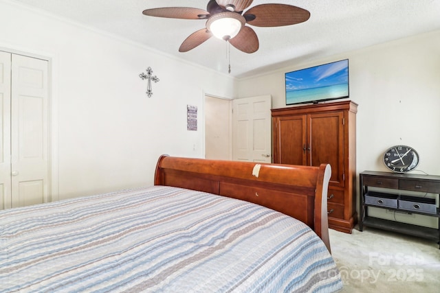 334 Lakeview Cir, Lugoff, SC 29078 - bedroom with light colored carpet, ceiling fan, and crown molding