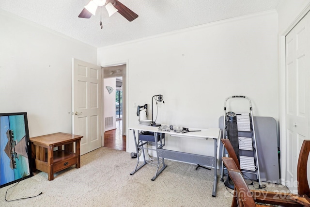 334 Lakeview Cir, Lugoff, SC 29078 - home office featuring ceiling fan, carpet, a textured ceiling, and ornamental molding