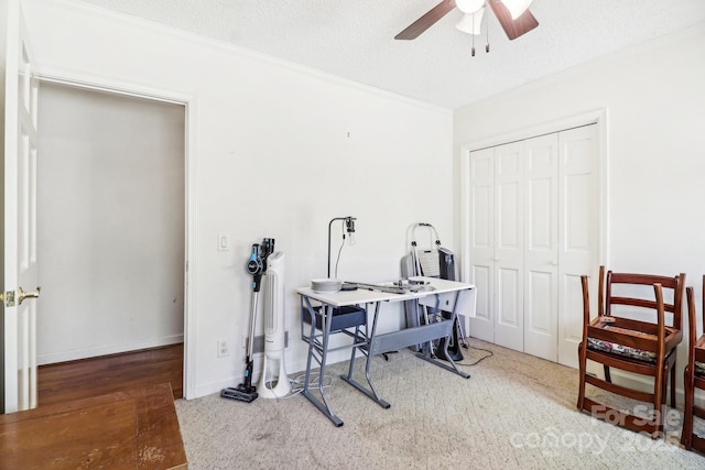 334 Lakeview Cir, Lugoff, SC 29078 - office featuring a ceiling fan, ornamental molding, carpet floors, and a textured ceiling